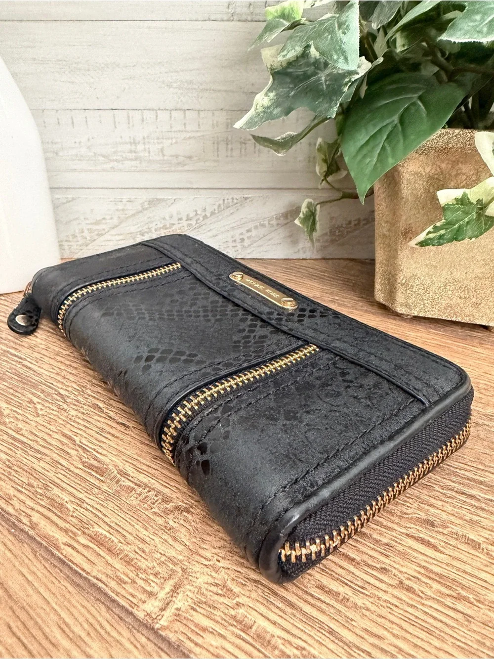 Michael Kors Black Moxley Python Leather Continental Zip Wallet